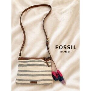 Fossil Purse White/Blue Stripes Crossbody Key